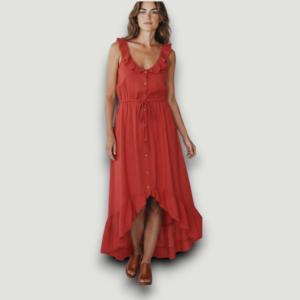 Luxology Dress Womens Rust Red M Ruffle‎ High-Low Maxi Cottagecore Rustic Summer